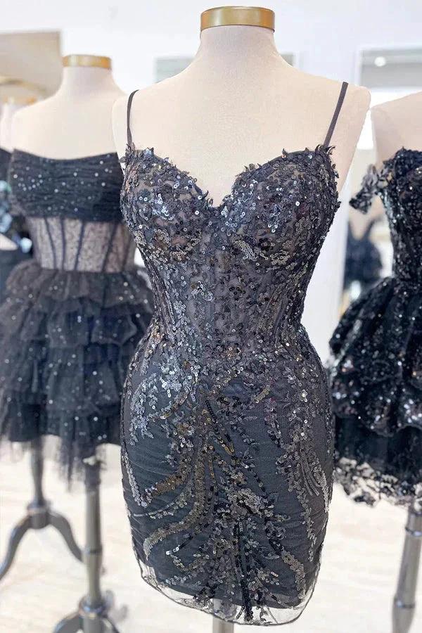 Sheath Spaghetti Straps Mini Homecoming Dress with Sequins PD554