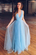 Shiny Light Blue V Neck Long Tulle Prom Dress For Teens PSK358