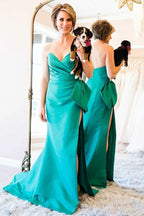 Off Shoulder Pink Satin Prom Dresses With Slit SYP90