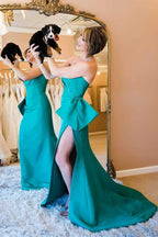 Off Shoulder Pink Satin Prom Dresses With Slit SYP90