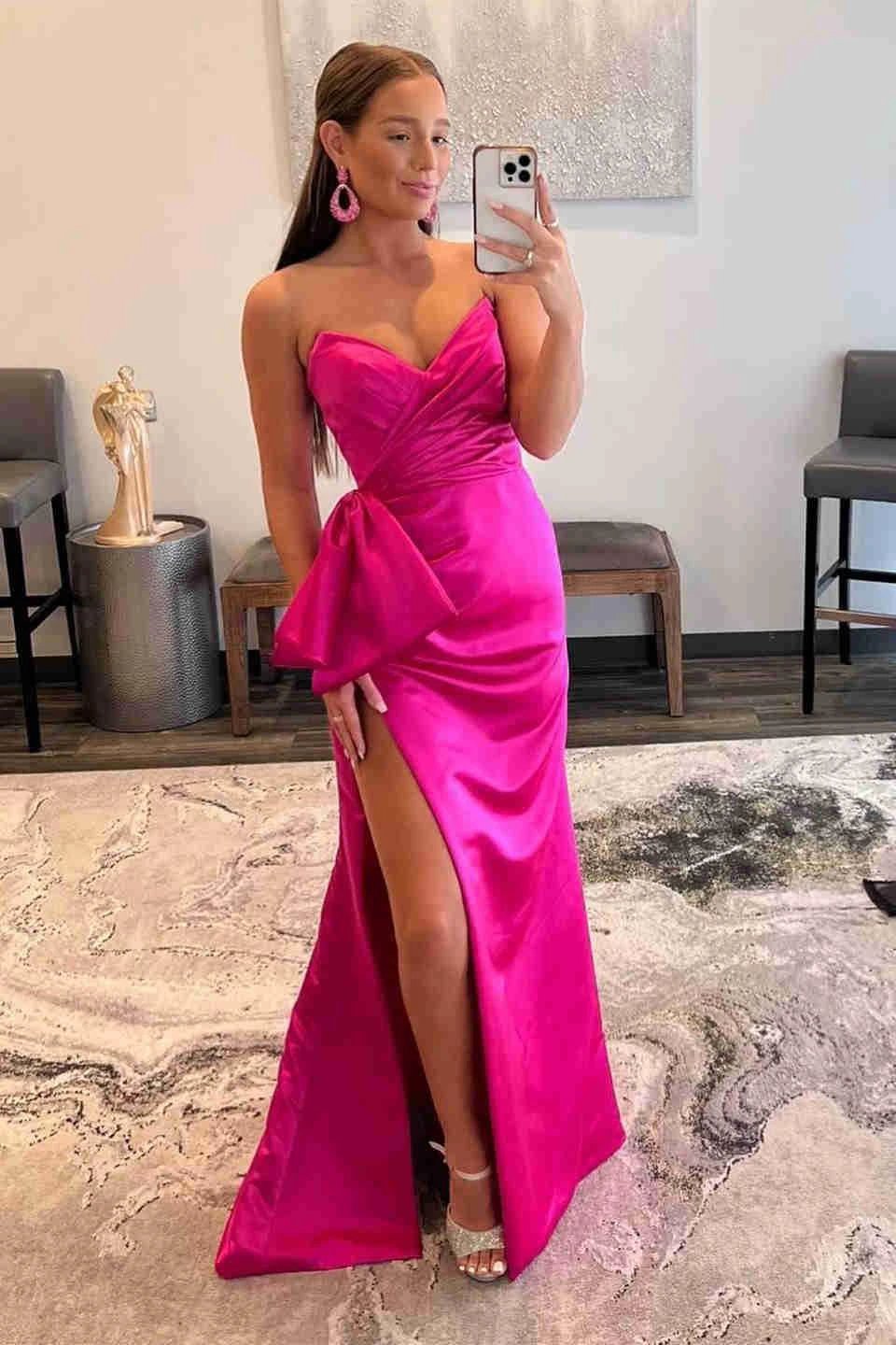 Off Shoulder Pink Satin Prom Dresses With Slit SYP90