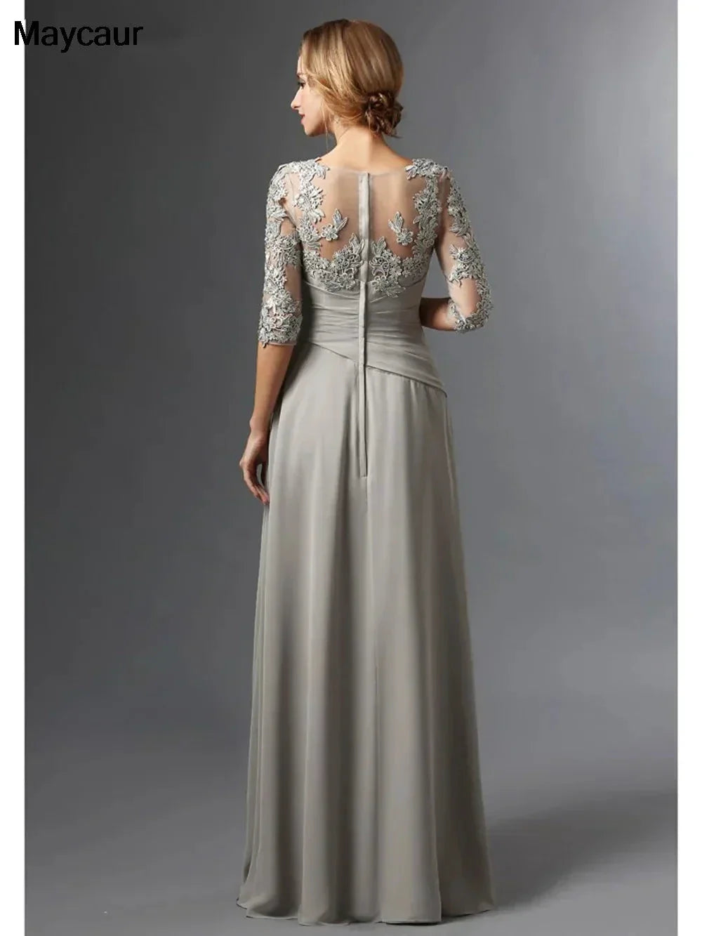 Silver 2023 Mother Of The Bride Dresses A-line 3/4 Sleeves Chiffon Lace Plus Size Long Elegant Groom Mother Dresses Wedding