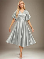 A-line V-Neck Tea-Length Stretch Satin Mother of the Bride Dress With Beading Pleated