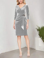 Short Velvet Sheath Dress with Surplice Neckline, Cascade Skirt and Embellishment Detail at Hip