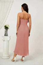 Numbersea Spaghetti Chiffon V Neck Bridesmaid Dress Mid-Length Slit Formal Prom Dress Homecoming Dress 2803