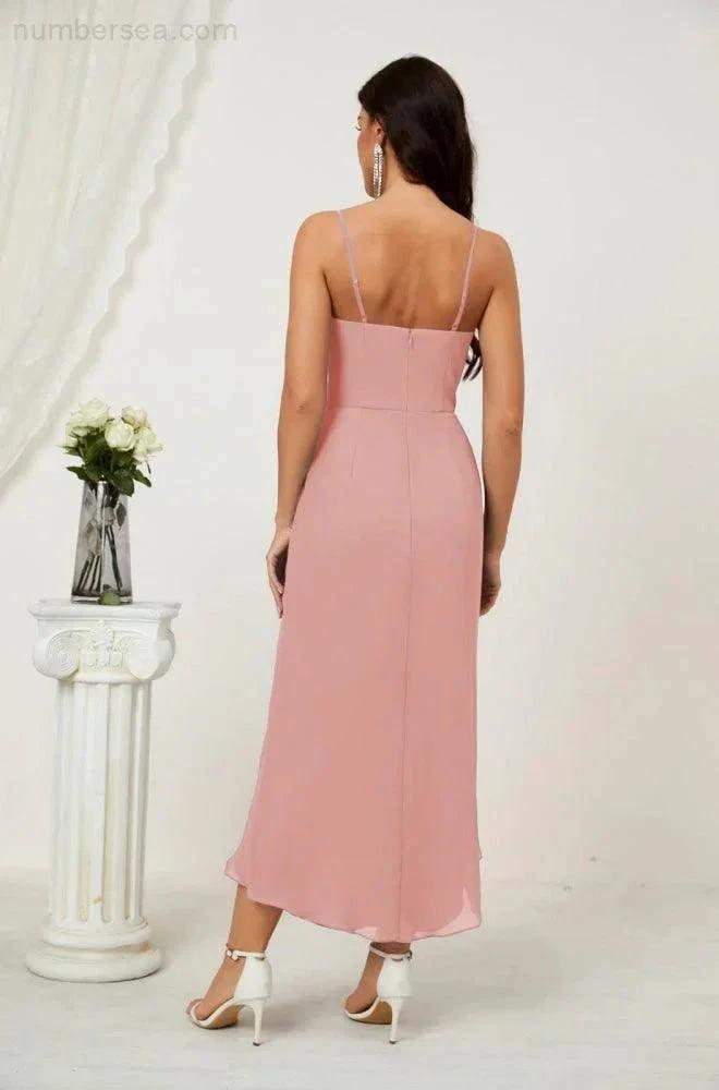 Numbersea Spaghetti Chiffon V Neck Bridesmaid Dress Mid-Length Slit Formal Prom Dress Homecoming Dress 2803