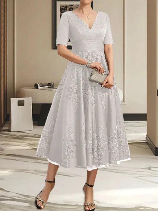 A-line V-Neck Tea-Length Tulle Lace Mother of the Bride Dress With Pleated