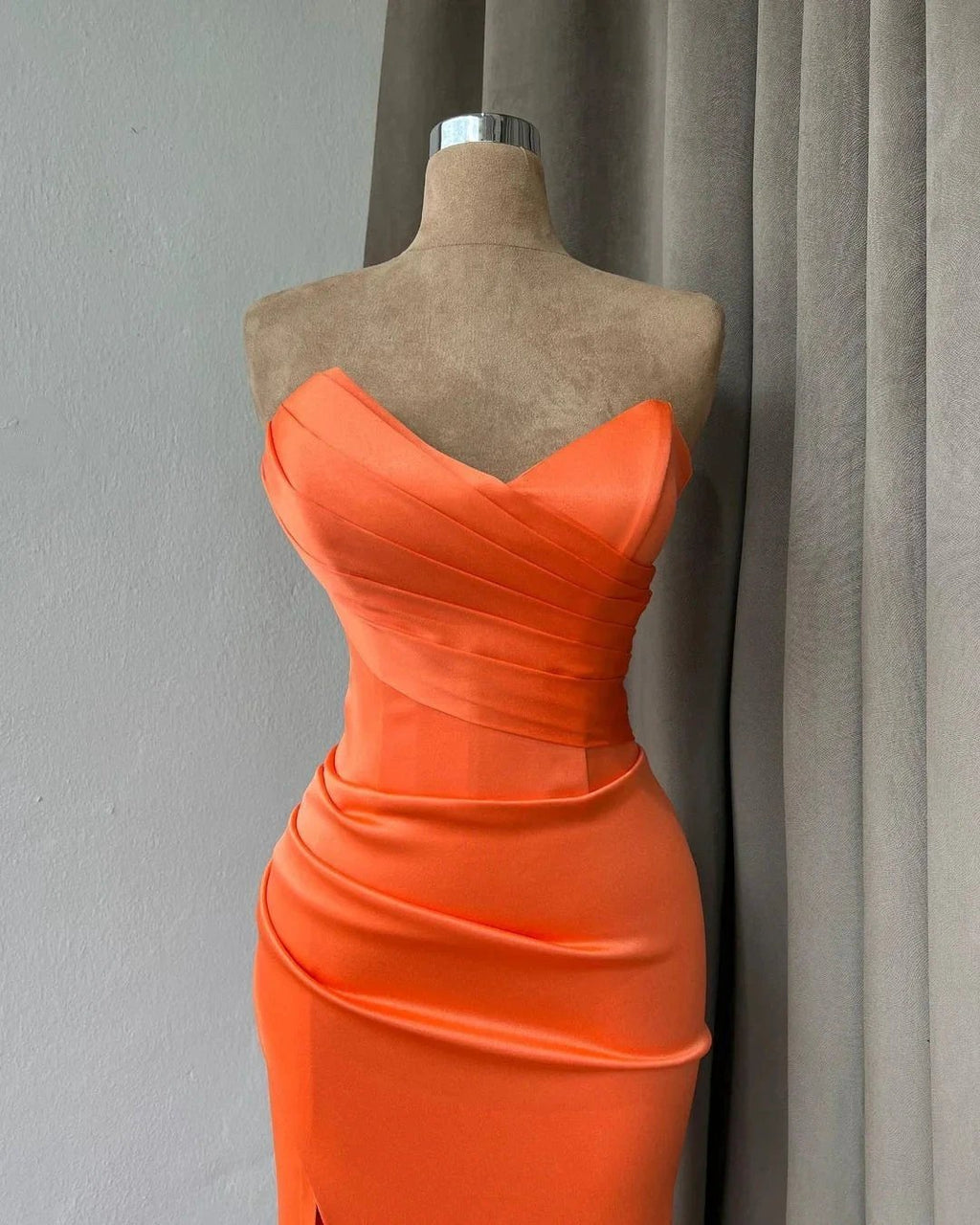 Simple Long Orange Mermaid Strapless Satin Prom Dress With Slit