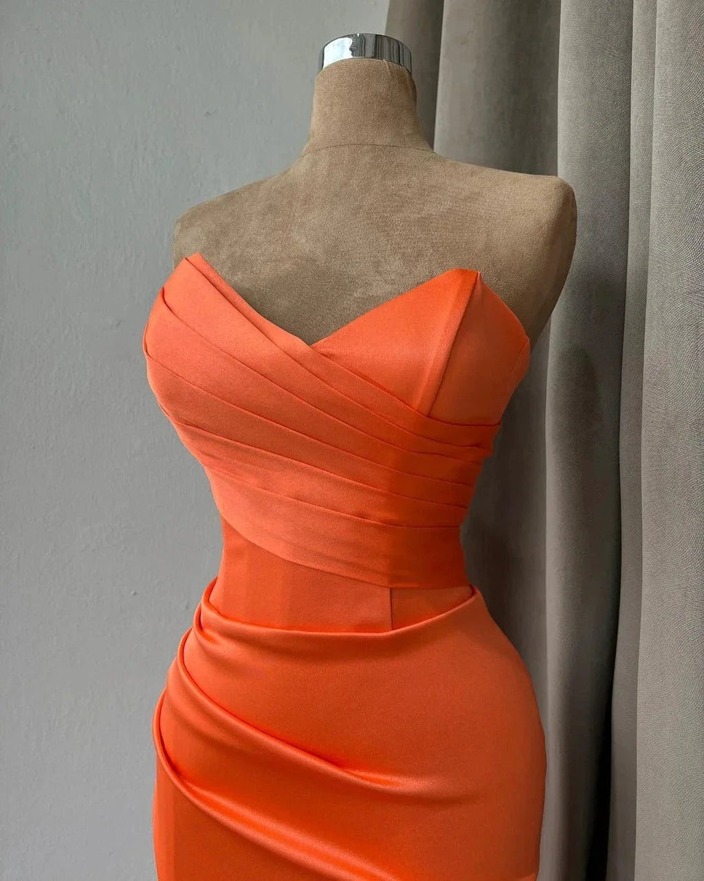 Simple Long Orange Mermaid Strapless Satin Prom Dress With Slit