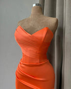Simple Long Orange Mermaid Strapless Satin Prom Dress With Slit