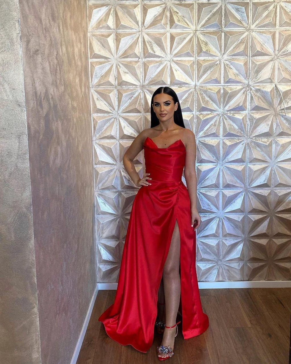 Simple Long Red A-line Satin Sleeveless Floor Length Prom Dress With Slit