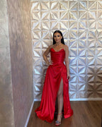 Simple Long Red A-line Satin Sleeveless Floor Length Prom Dress With Slit