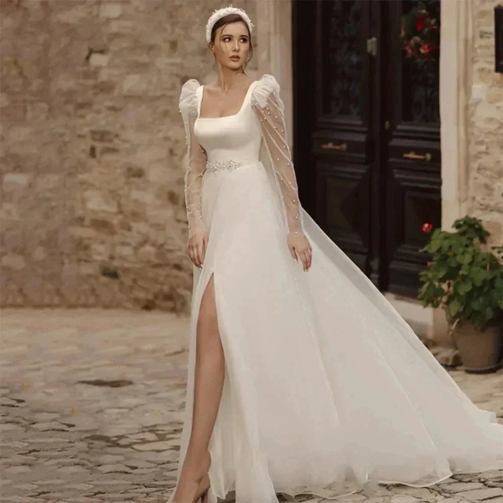 Simple Wedding Dresses A Line Long Illusion Sleeve Fuffy Tulle Ball Gowns Woman's Formal Bride Beach Party Vestidos Para Mujer
