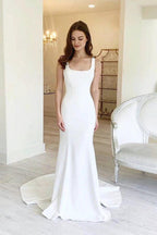 Simple Sheath Square Neck Long Backless Wedding Dress WD599
