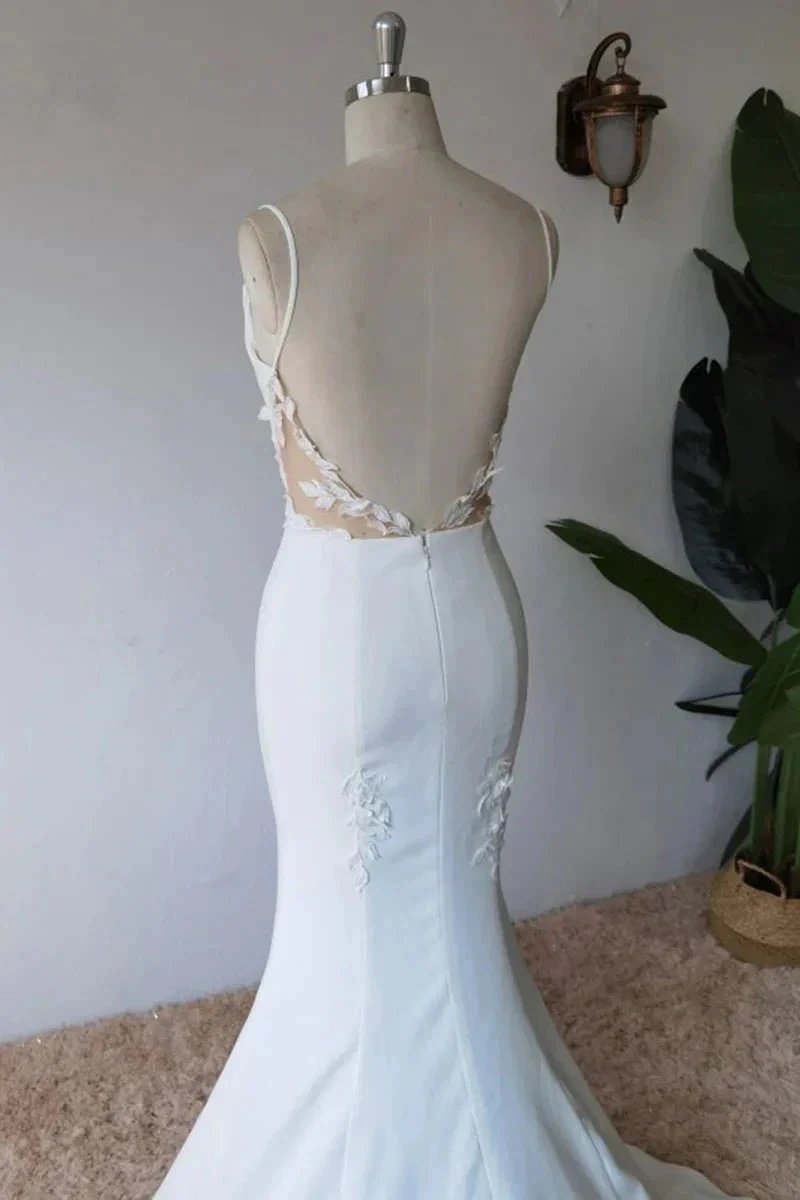 Simple Spaghetti Straps Satin Mermaid Modest Wedding Dress WD672