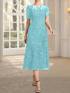 A-line Scoop Illusion Tea-Length Lace Mother of the Bride Dress With Sequins
