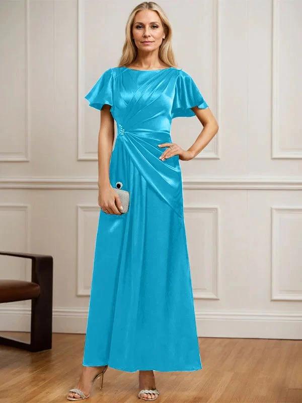 A-line Scoop Ankle-Length Stretch Satin Mother of the Bride Dress With Pleated Beading