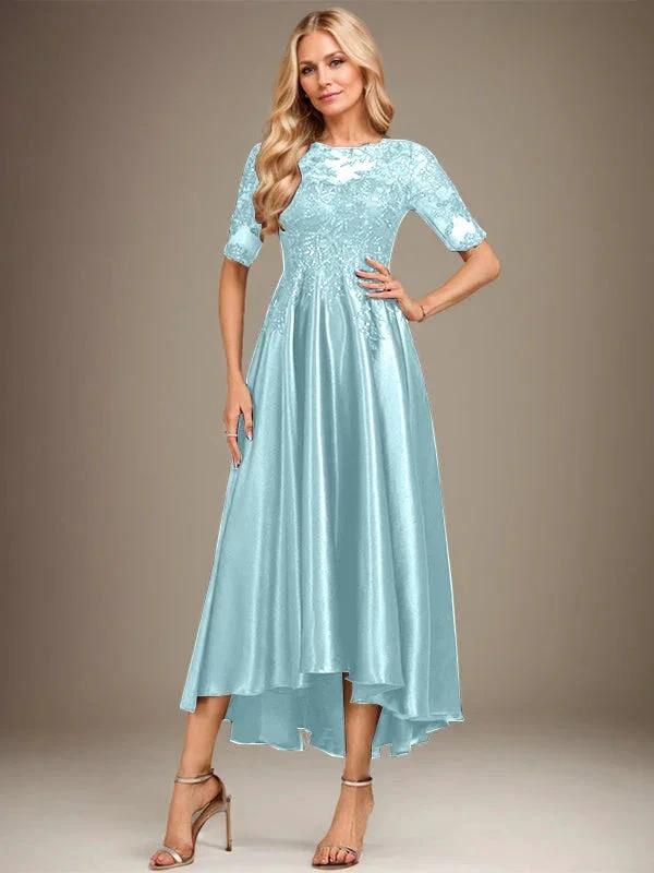 A-line Scoop Illusion Asymmetrical Stretch Satin Lace Mother of the Bride Dress With Sequins