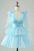V Neck Pleated Tiered Short Homecoming Dress SYH109
