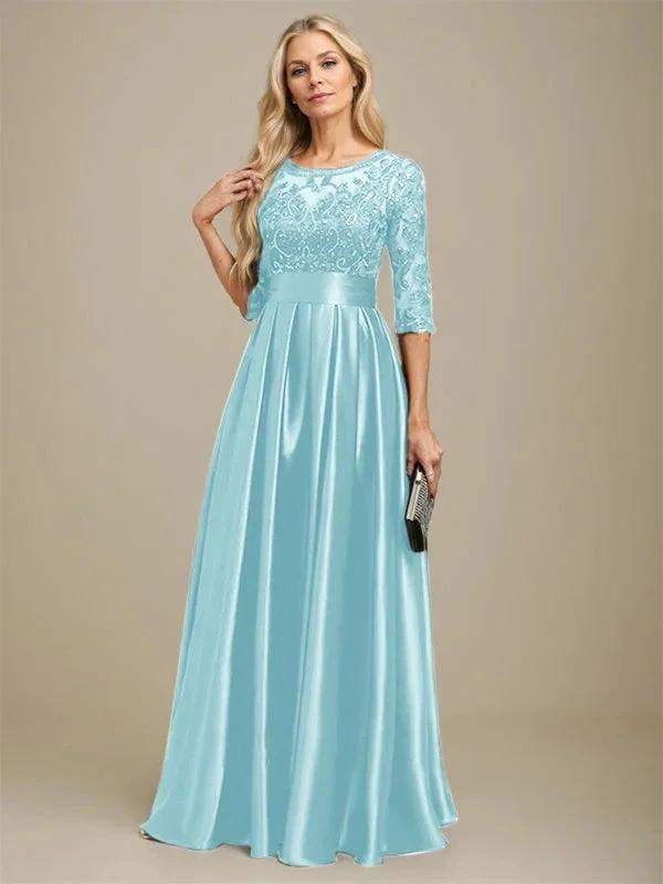 A-line Scoop Illusion Floor-Length Stretch Satin Lace Mother of the Bride Dress With Bow Sequins