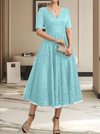 A-line V-Neck Tea-Length Tulle Lace Mother of the Bride Dress With Pleated