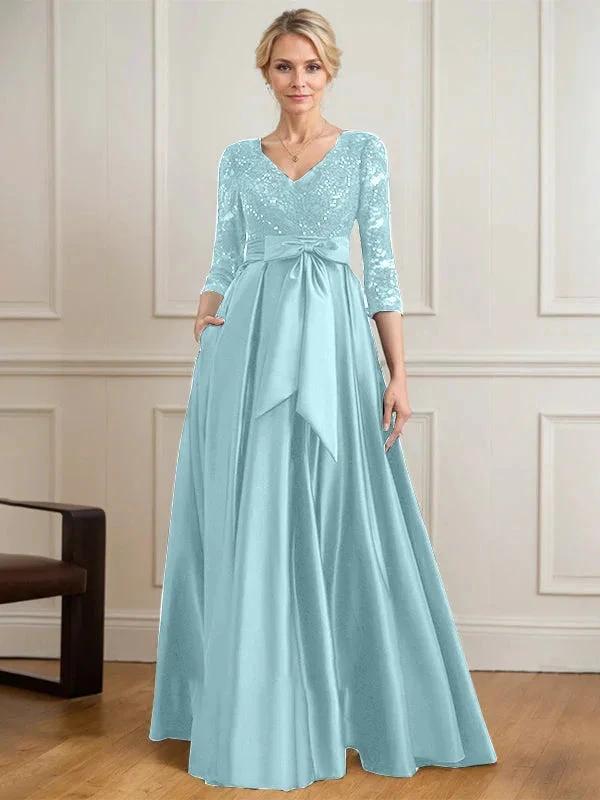 A-line V-Neck Floor-Length Satin Lace Mother of the Bride Dress With Sequins Bow