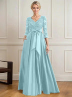 A-line V-Neck Floor-Length Satin Lace Mother of the Bride Dress With Sequins Bow