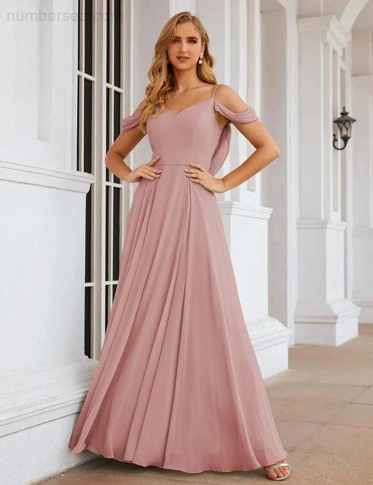 Numbersea Cold Shoulder Chiffon Bridesmaid Dresses Long Maxi Formal Prom Gowns for Women Party  SEA28059