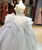 Silver Haze Strapless Ballgown: Gilded Beaded Bust & Ruffled Train