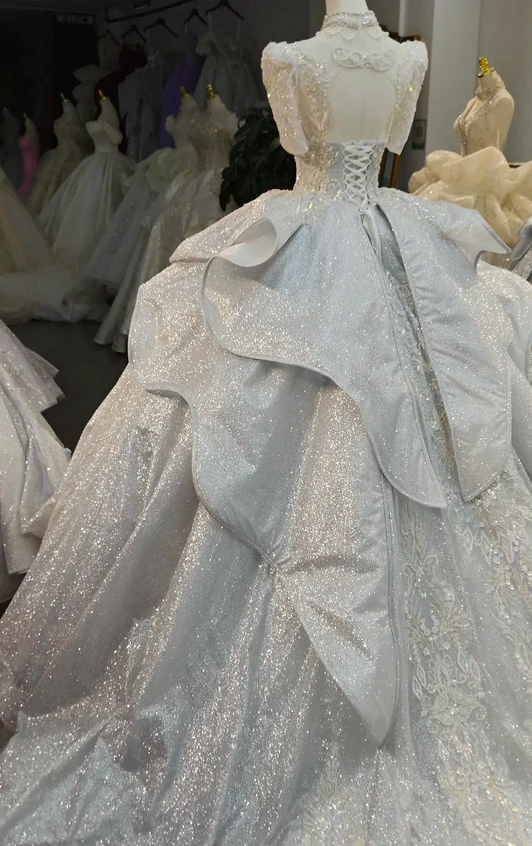 Silver Glitz Cap-Sleeve Ballgown Iridescent Beaded Bust & Sculptural Tiered Skirt