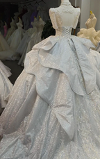Silver Glitz Cap-Sleeve Ballgown Iridescent Beaded Bust & Sculptural Tiered Skirt