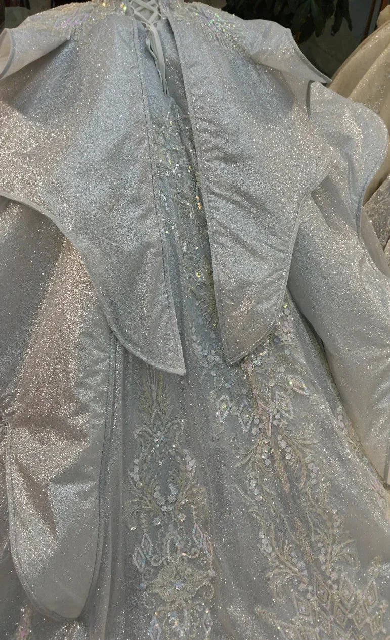 Silver Glitz Cap-Sleeve Ballgown Iridescent Beaded Bust & Sculptural Tiered Skirt