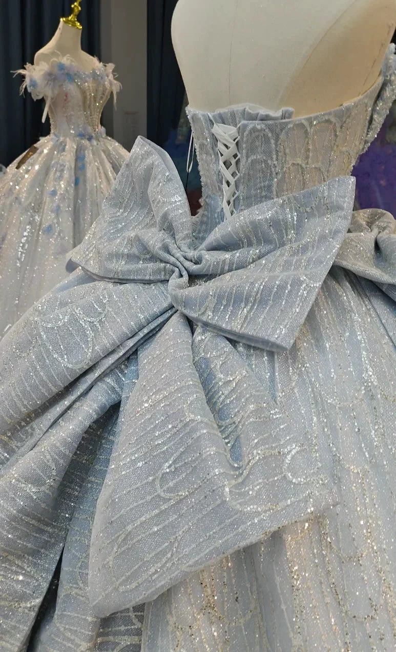 Dreamy Light Blue Sweetheart Ball Gown Wedding Dress with Sequin Tulle, Pearl Beading & Oversized Bow Ye-2029