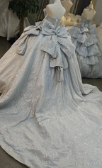 Dreamy Light Blue Sweetheart Ball Gown Wedding Dress with Sequin Tulle, Pearl Beading & Oversized Bow Ye-2029