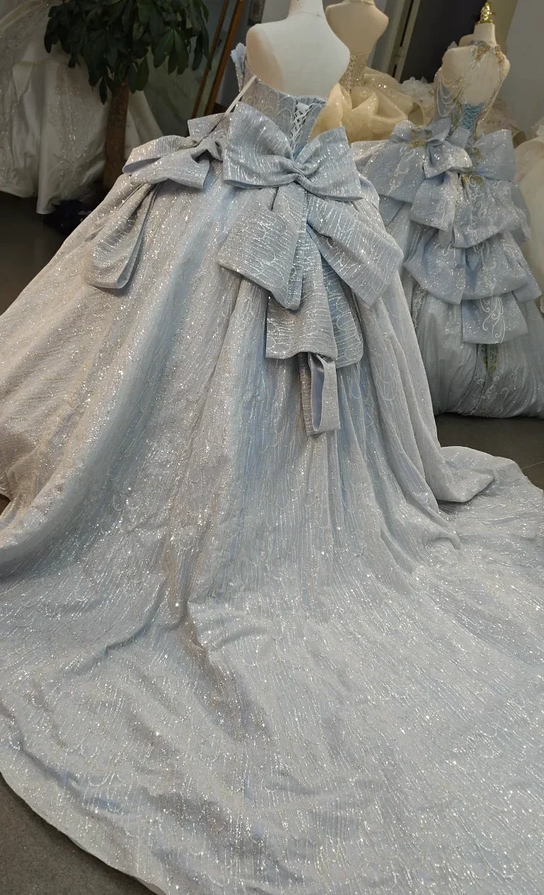 Dreamy Light Blue Sweetheart Ball Gown Wedding Dress with Sequin Tulle, Pearl Beading & Oversized Bow Ye-2029