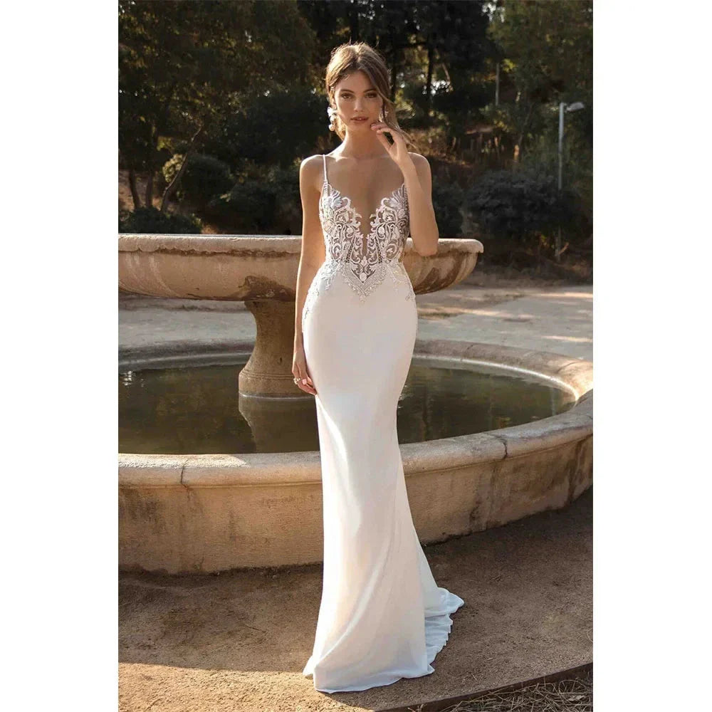 Spaghetti Straps Appliques Mermaid Wedding Dress for Women 2023 Lace Beach Charming Bridal Gown Custom Made