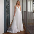 Spaghetti Straps  V Neck Criss-Cross Wedding Dress  Sweep Train Sleeveless Chiffon Bride Gown Robe De Mariée Beach Wedding Gown