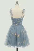 Spaghetti Straps Sleeveless A Line Tulle Floral Short Homecoming Dresses PD485