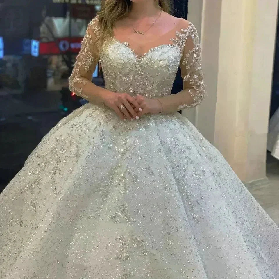 Sparkly Beading Wedding Dress Long Sleeves 2023 Vestido De Noiva Lace Up Pageant Beading Bridal Gowns Custom Made Hochzeitskleid