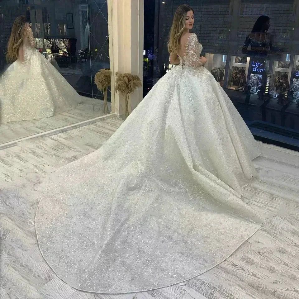 Sparkly Beading Wedding Dress Long Sleeves 2023 Vestido De Noiva Lace Up Pageant Beading Bridal Gowns Custom Made Hochzeitskleid
