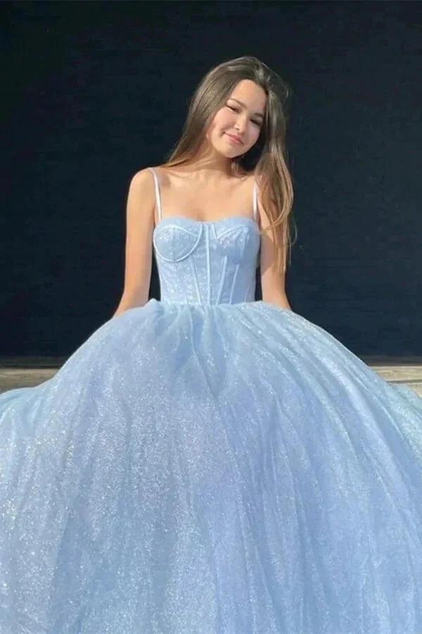 Sparkly A-line Spaghetti Straps Sweetheart Prom Dresses, Evening Dresses