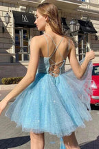 Sparkly Blue A-line Spaghetti Straps Homecoming Dress Short Prom Dresses