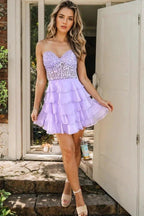 Sparkly A-line Strapless Appliques Tiered Lilac Homecoming Dress PD553