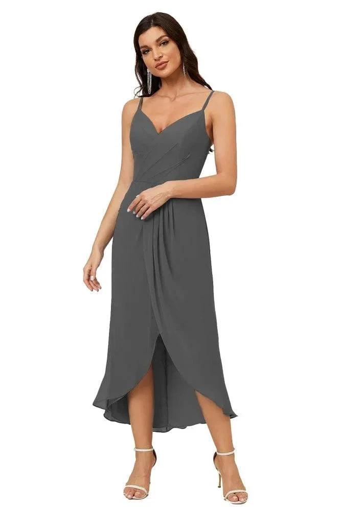 Numbersea Spaghetti Chiffon V Neck Bridesmaid Dress Mid-Length Slit Formal Prom Dress Homecoming Dress 2803