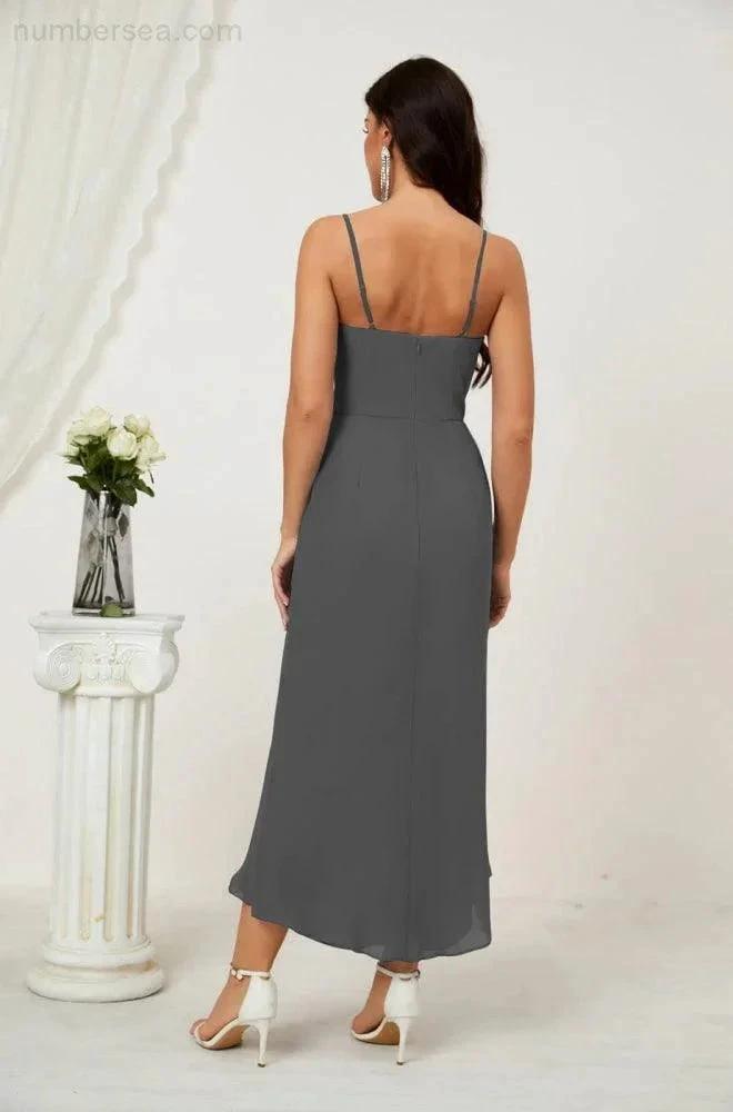 Numbersea Spaghetti Chiffon V Neck Bridesmaid Dress Mid-Length Slit Formal Prom Dress Homecoming Dress 2803