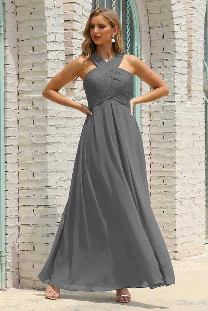 Numbersea Women Halter Chiffon Bridesmaid Dress A-line Long Formal Prom Gown SEA28015
