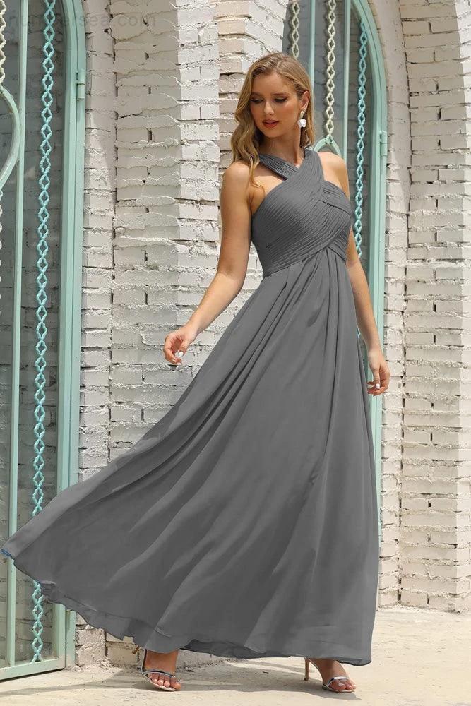 Numbersea Women Halter Chiffon Bridesmaid Dress A-line Long Formal Prom Gown SEA28015