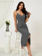 Numbersea Spaghetti Chiffon V Neck Bridesmaid Dress Mid-Length Slit Formal Prom Dress Homecoming Dress 2803
