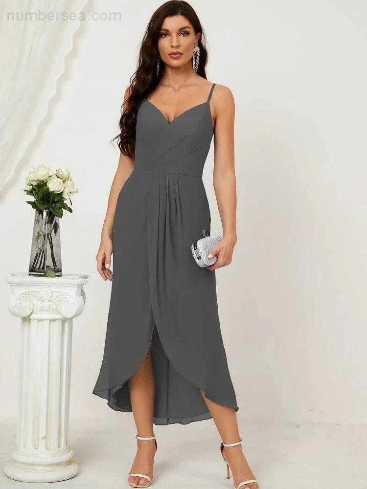 Numbersea Spaghetti Chiffon V Neck Bridesmaid Dress Mid-Length Slit Formal Prom Dress Homecoming Dress 2803