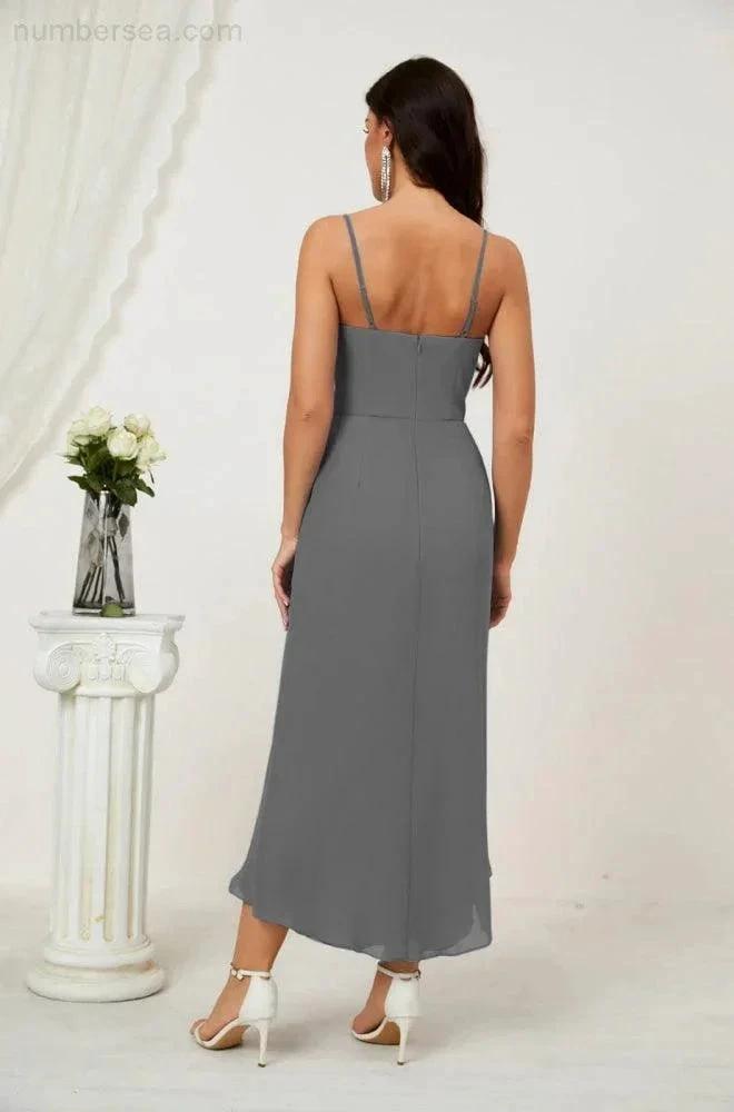 Numbersea Spaghetti Chiffon V Neck Bridesmaid Dress Mid-Length Slit Formal Prom Dress Homecoming Dress 2803
